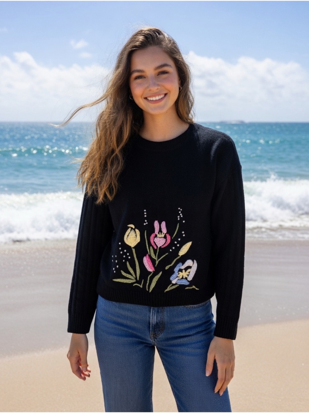 Ted Baker London Black Crewneck Sweater with Pastel Floral Embroidery